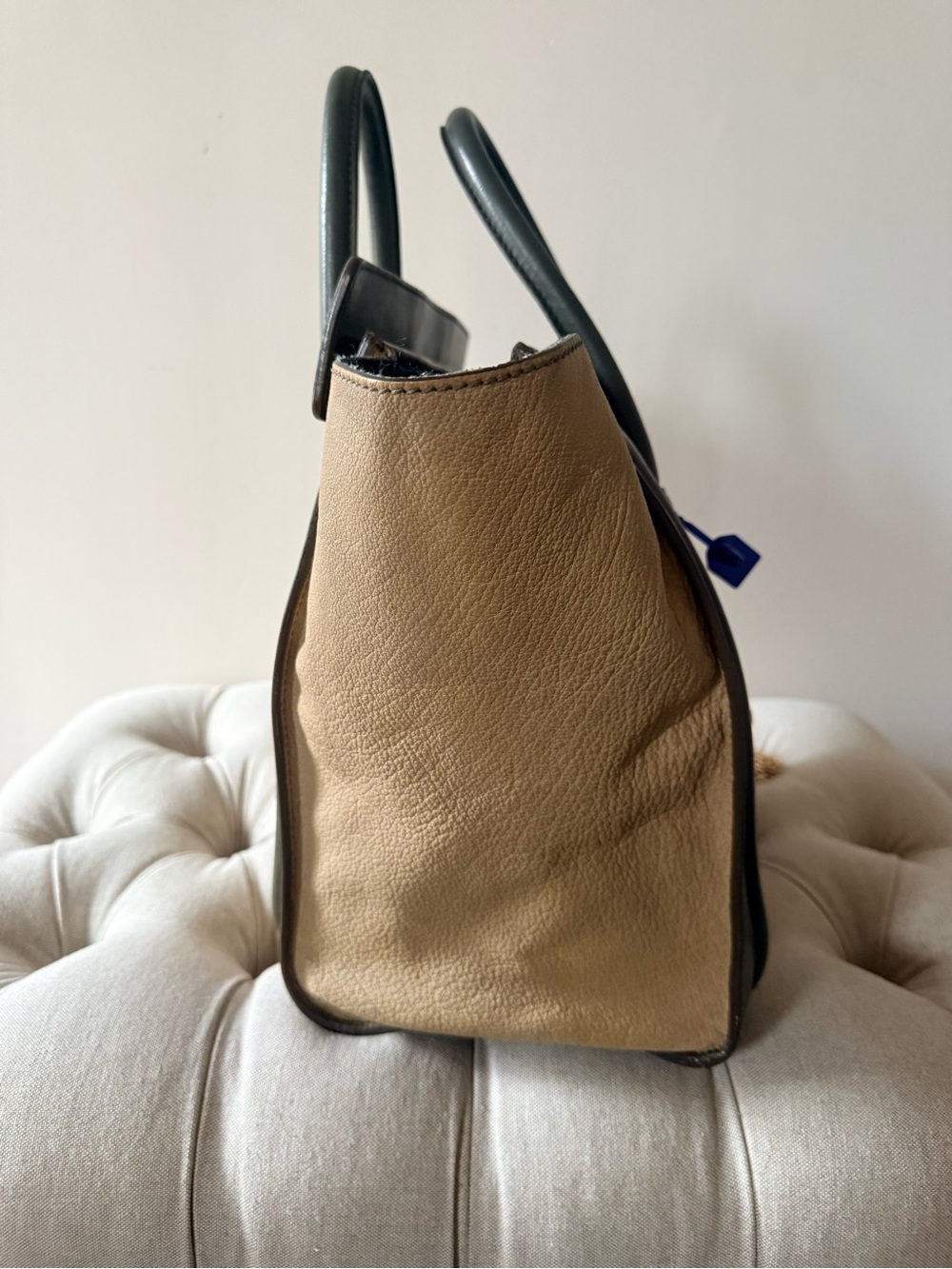 Authentic Phoebe Philo Celine Micro Luggage Tote Bi Color Green Tan Leather - Picture 4 of 16